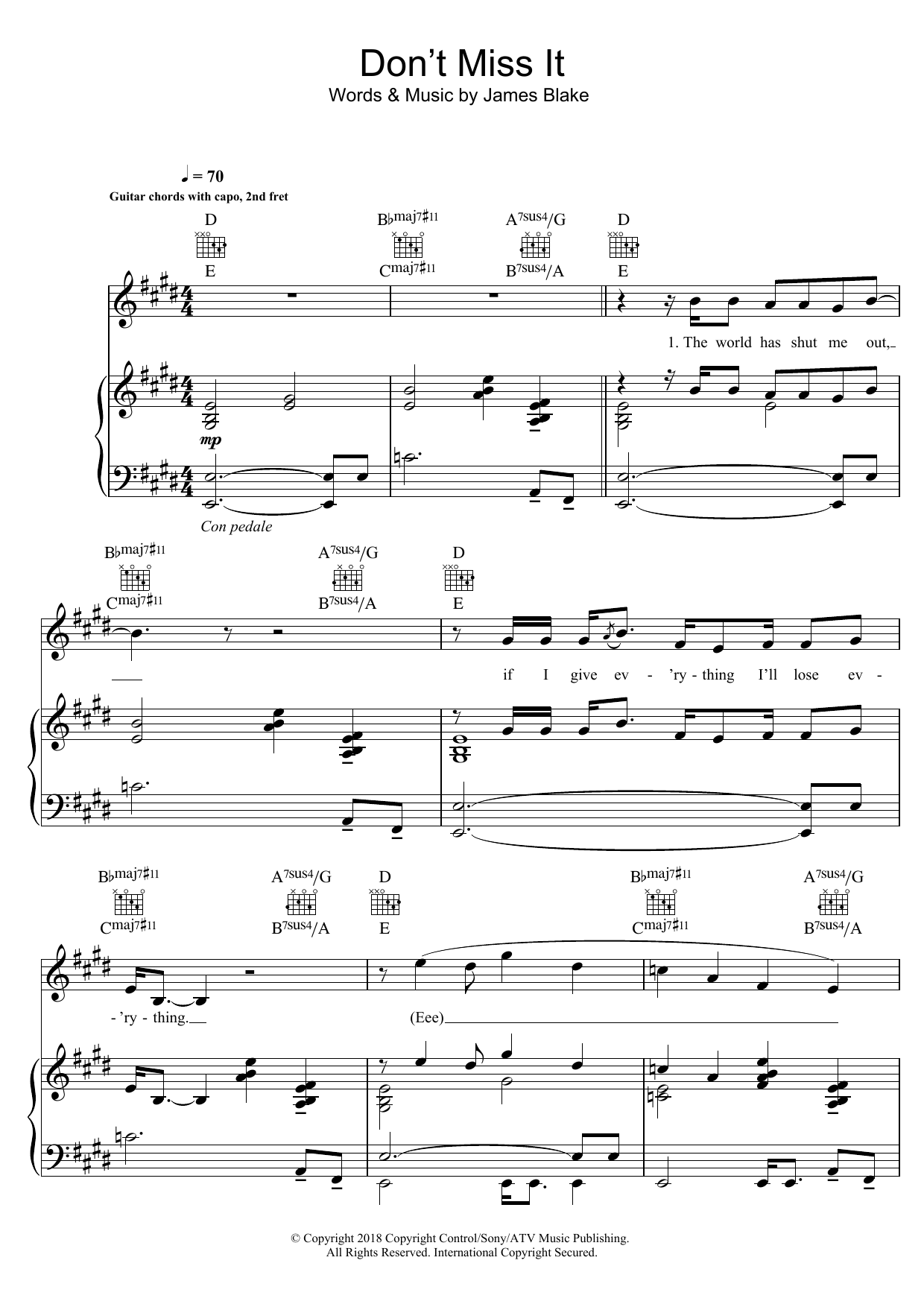 Download James Blake Don't Miss It Sheet Music and learn how to play Piano, Vocal & Guitar PDF digital score in minutes
