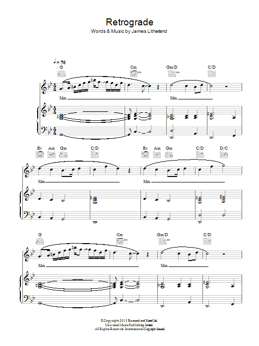 Download James Blake Retrograde Sheet Music and learn how to play Piano, Vocal & Guitar (Right-Hand Melody) PDF digital score in minutes