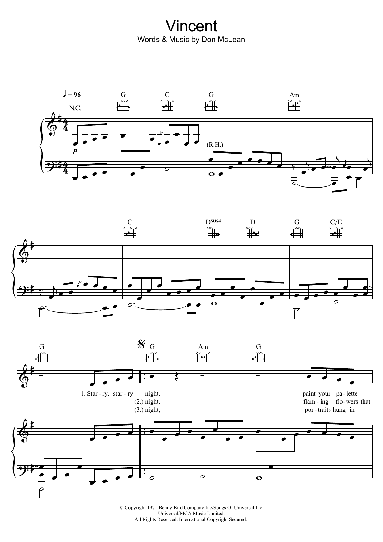 Download James Blake Vincent (Starry Starry Night) Sheet Music and learn how to play Piano, Vocal & Guitar (Right-Hand Melody) PDF digital score in minutes