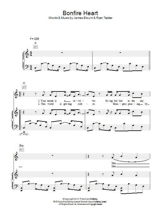 Download James Blunt Bonfire Heart Sheet Music and learn how to play Piano, Vocal & Guitar PDF digital score in minutes