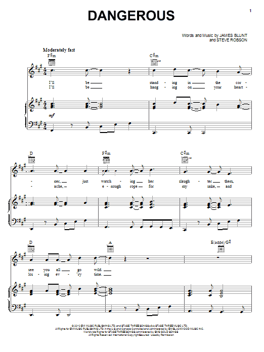 Download James Blunt Dangerous Sheet Music and learn how to play Piano, Vocal & Guitar (Right-Hand Melody) PDF digital score in minutes