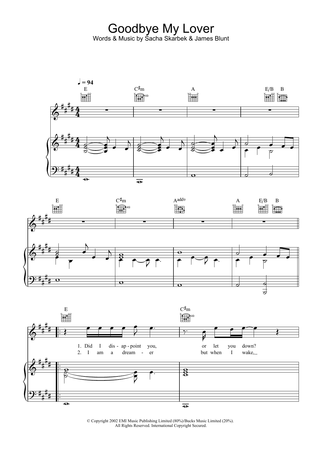 Download James Blunt Goodbye My Lover Sheet Music and learn how to play Piano, Vocal & Guitar PDF digital score in minutes