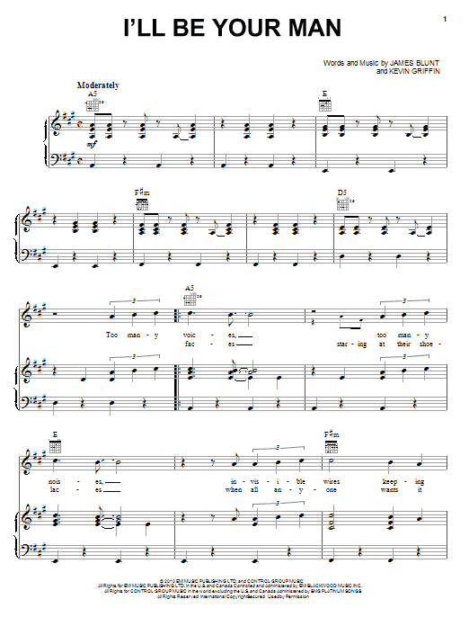 Download James Blunt I'll Be Your Man Sheet Music and learn how to play Piano, Vocal & Guitar (Right-Hand Melody) PDF digital score in minutes