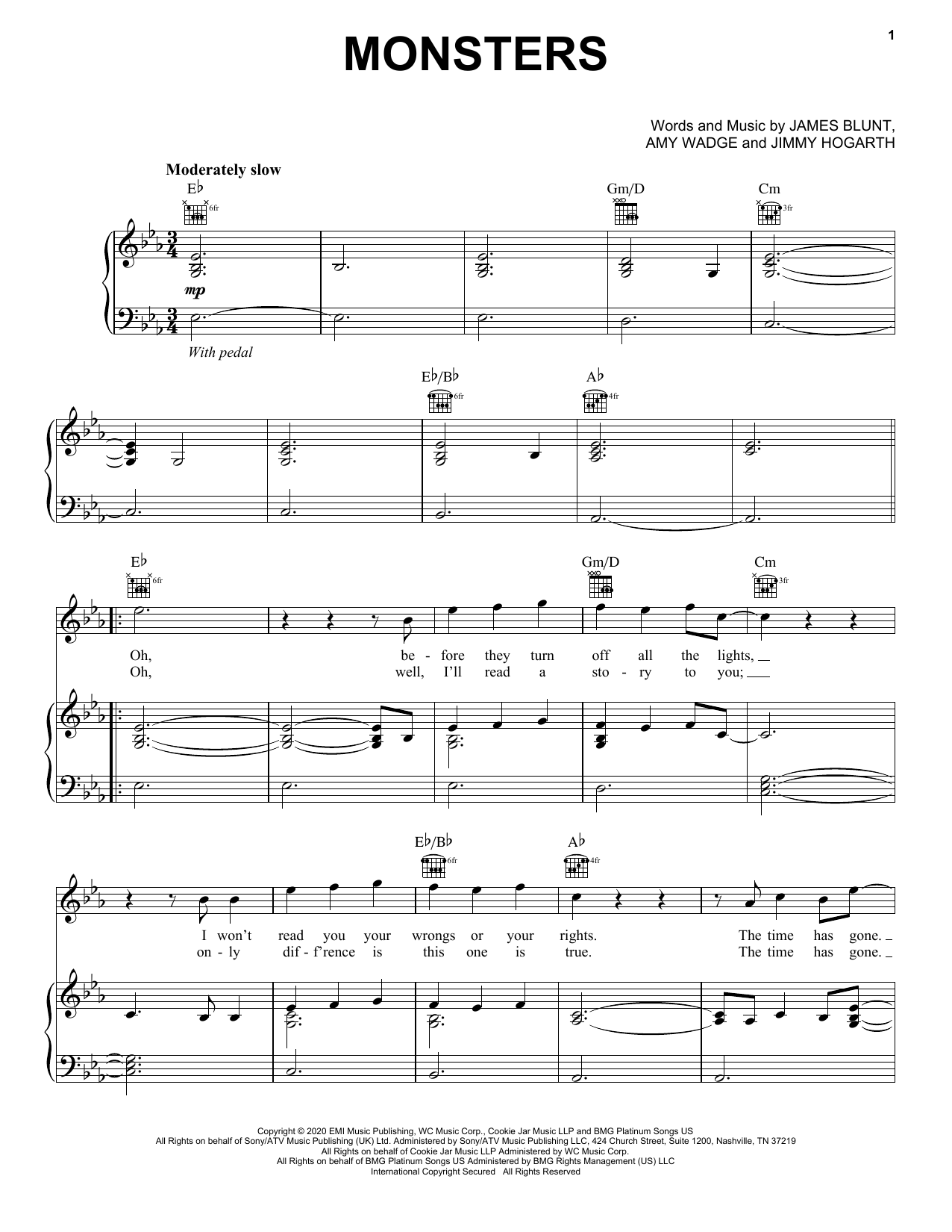 Download James Blunt Monsters Sheet Music and learn how to play Piano, Vocal & Guitar Chords (Right-Hand Melody) PDF digital score in minutes
