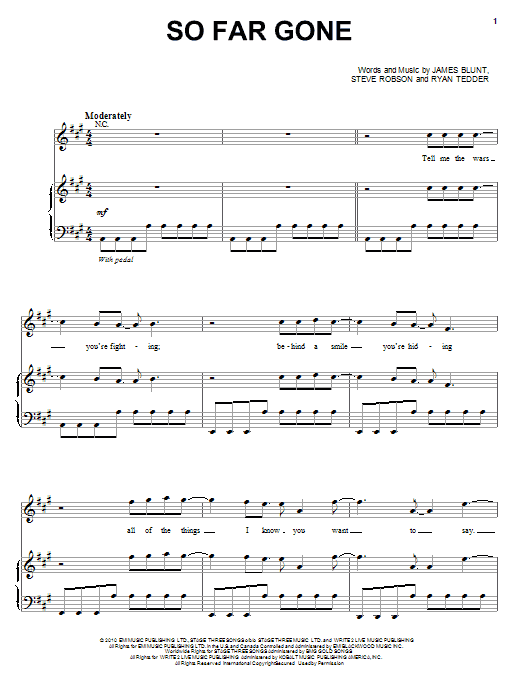 Download James Blunt So Far Gone Sheet Music and learn how to play Piano, Vocal & Guitar (Right-Hand Melody) PDF digital score in minutes