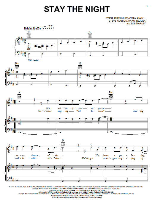 Download James Blunt Stay The Night Sheet Music and learn how to play Piano, Vocal & Guitar (Right-Hand Melody) PDF digital score in minutes