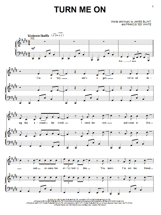 Download James Blunt Turn Me On Sheet Music and learn how to play Piano, Vocal & Guitar (Right-Hand Melody) PDF digital score in minutes