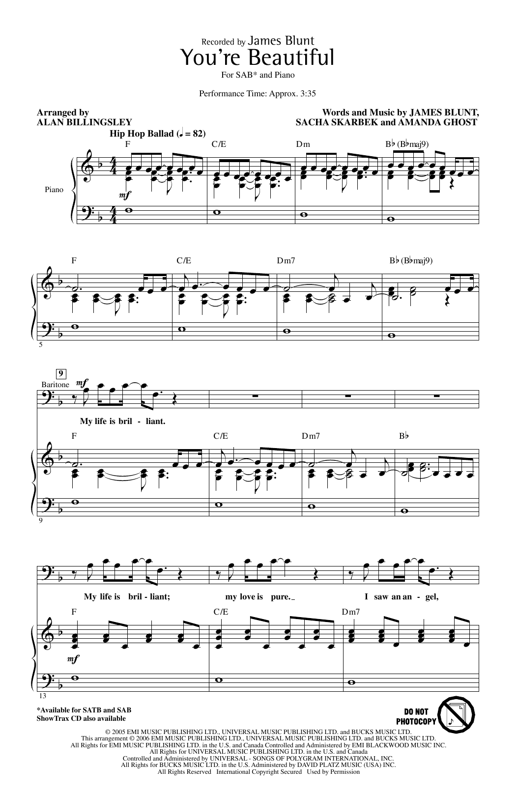 Download James Blunt You're Beautiful (arr. Alan Billingsley) Sheet Music and learn how to play SATB Choir PDF digital score in minutes