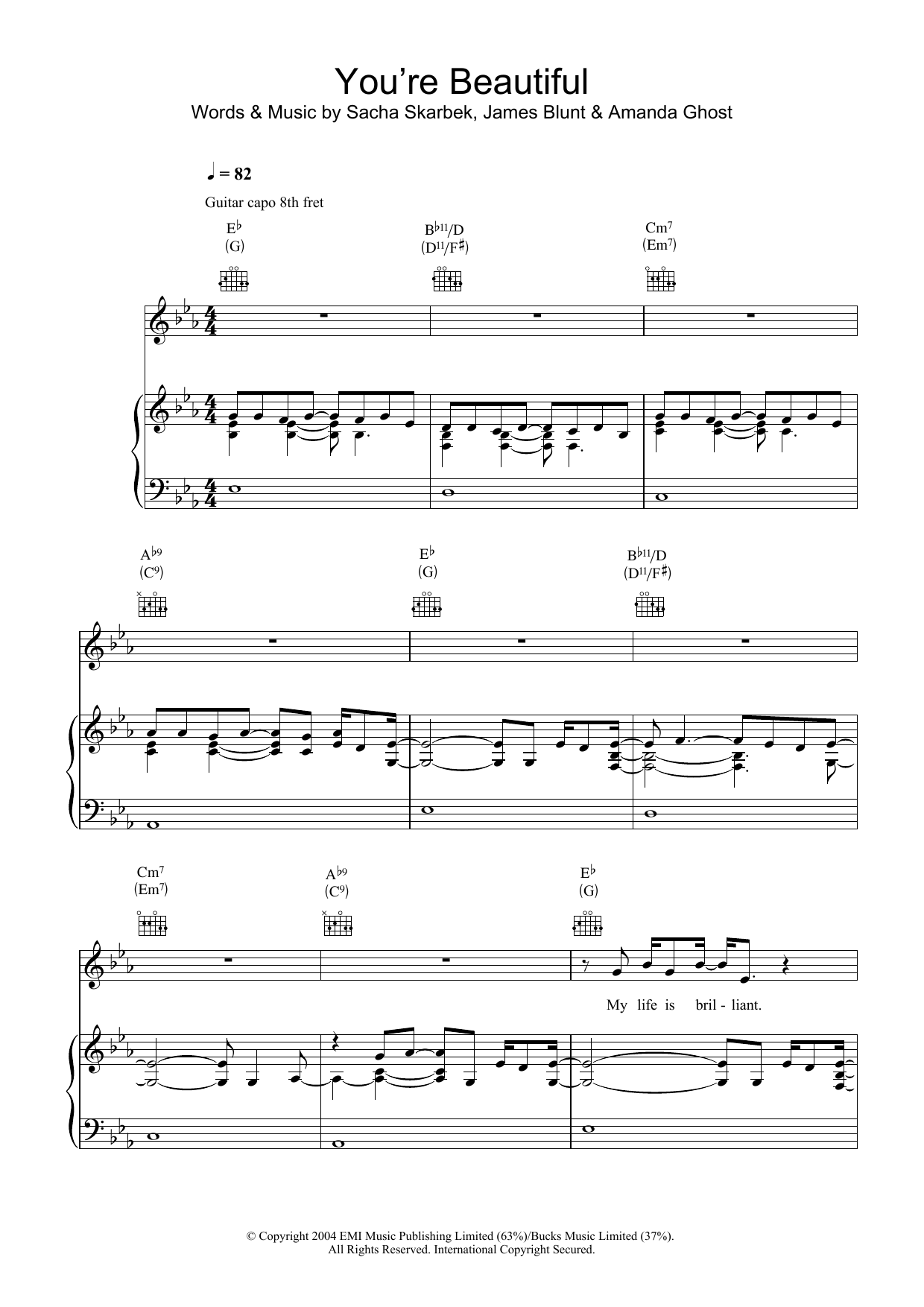 Download James Blunt You're Beautiful Sheet Music and learn how to play Piano PDF digital score in minutes