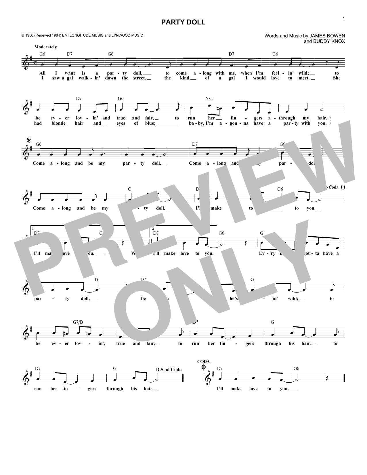 Download James Bowen Party Doll Sheet Music and learn how to play Melody Line, Lyrics & Chords PDF digital score in minutes