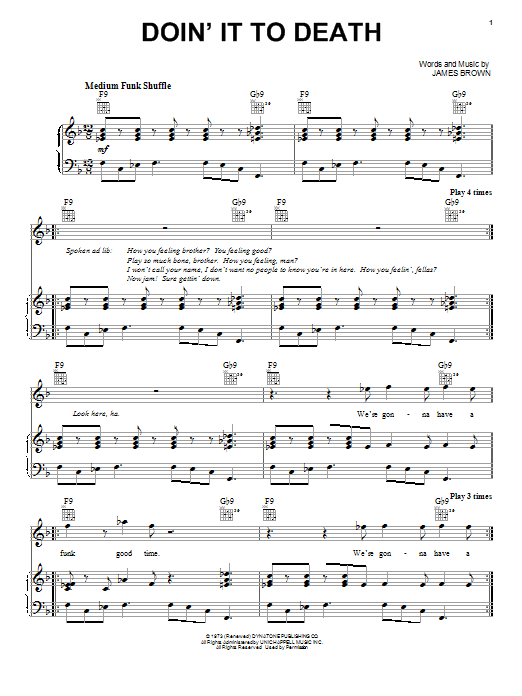 Download James Brown Doin' It To Death Sheet Music and learn how to play Piano, Vocal & Guitar (Right-Hand Melody) PDF digital score in minutes