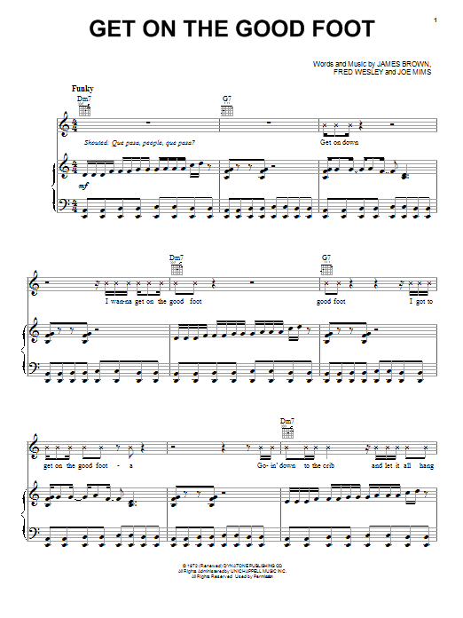 Download James Brown Get On The Good Foot Sheet Music and learn how to play Piano, Vocal & Guitar (Right-Hand Melody) PDF digital score in minutes