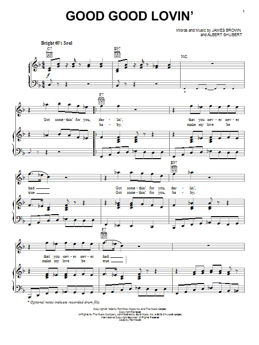 Download James Brown Good Good Lovin' Sheet Music and learn how to play Piano, Vocal & Guitar (Right-Hand Melody) PDF digital score in minutes