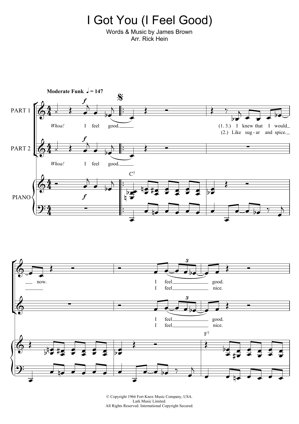 Download James Brown I Got You (I Feel Good) (arr. Rick Hein) Sheet Music and learn how to play 2-Part Choir PDF digital score in minutes