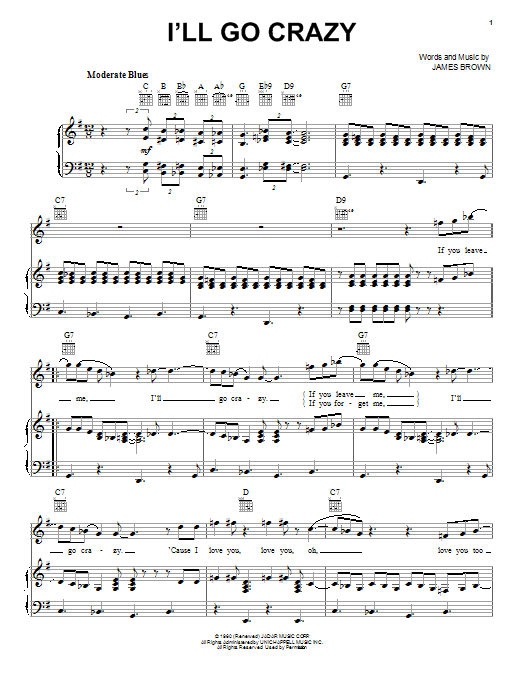 Download James Brown I'll Go Crazy Sheet Music and learn how to play Piano, Vocal & Guitar (Right-Hand Melody) PDF digital score in minutes