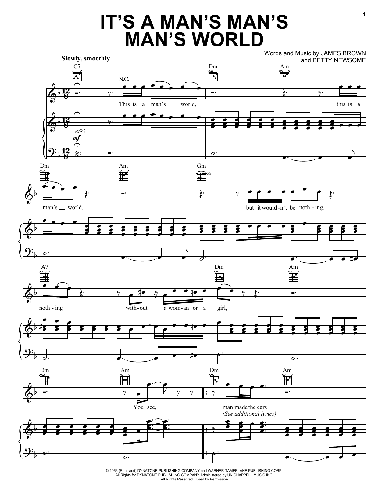 Download James Brown It's A Man's Man's Man's World Sheet Music and learn how to play Piano, Vocal & Guitar (Right-Hand Melody) PDF digital score in minutes