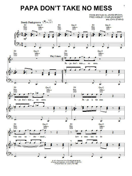 Download James Brown Papa Don't Take No Mess Sheet Music and learn how to play Piano, Vocal & Guitar (Right-Hand Melody) PDF digital score in minutes