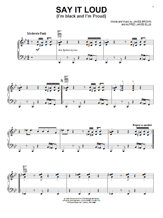 Download James Brown Say It Loud (I'm Black And I'm Proud) Sheet Music and learn how to play Piano, Vocal & Guitar (Right-Hand Melody) PDF digital score in minutes