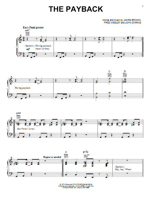Download James Brown The Payback Sheet Music and learn how to play Piano, Vocal & Guitar (Right-Hand Melody) PDF digital score in minutes