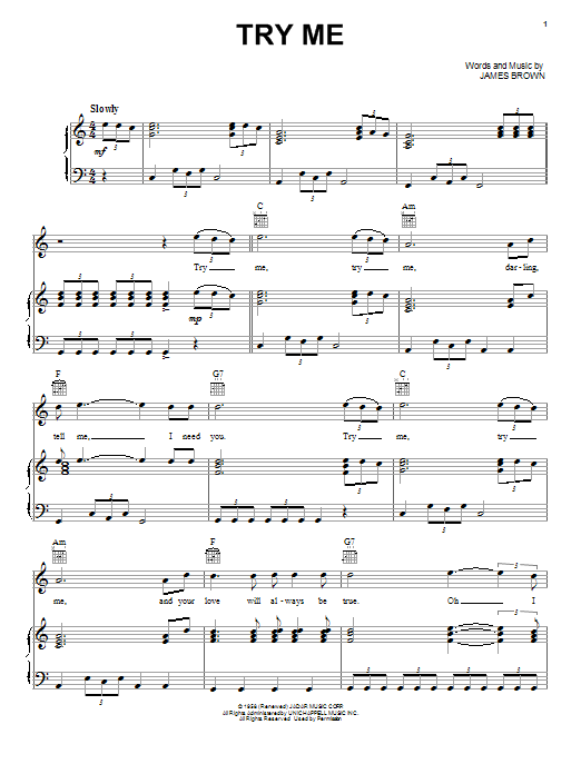 Download James Brown Try Me Sheet Music and learn how to play Piano, Vocal & Guitar (Right-Hand Melody) PDF digital score in minutes