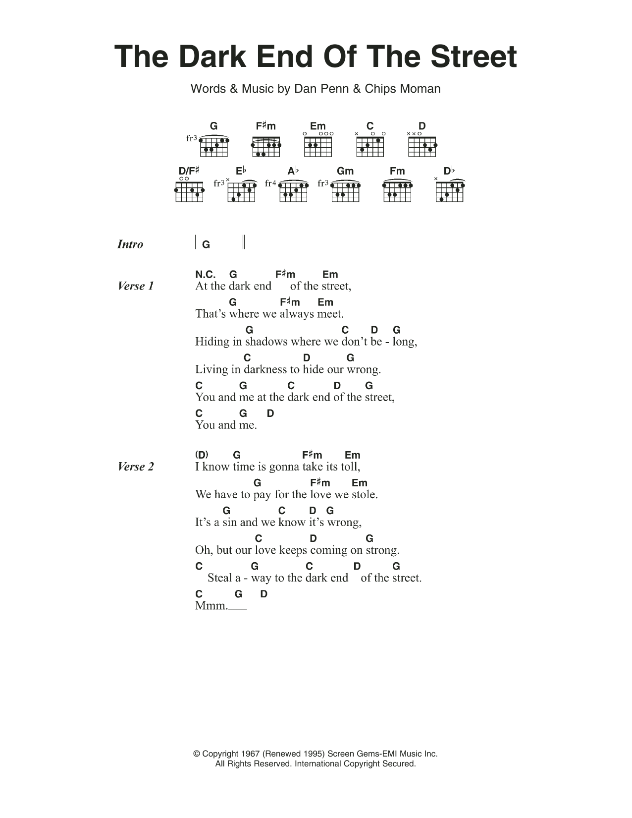 Download James Carr The Dark End Of The Street Sheet Music and learn how to play Lyrics & Chords PDF digital score in minutes
