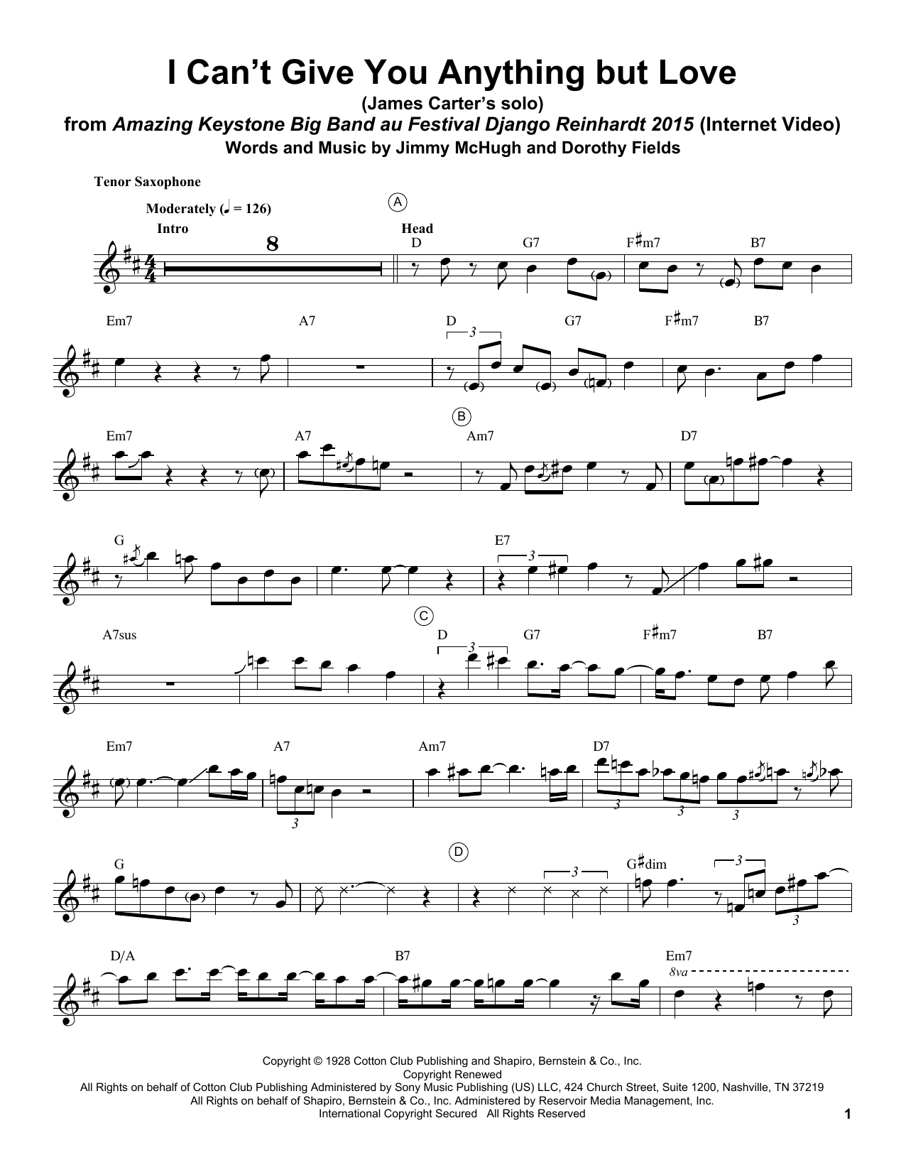 Download James Carter I Can't Give You Anything But Love Sheet Music and learn how to play Tenor Sax Transcription PDF digital score in minutes