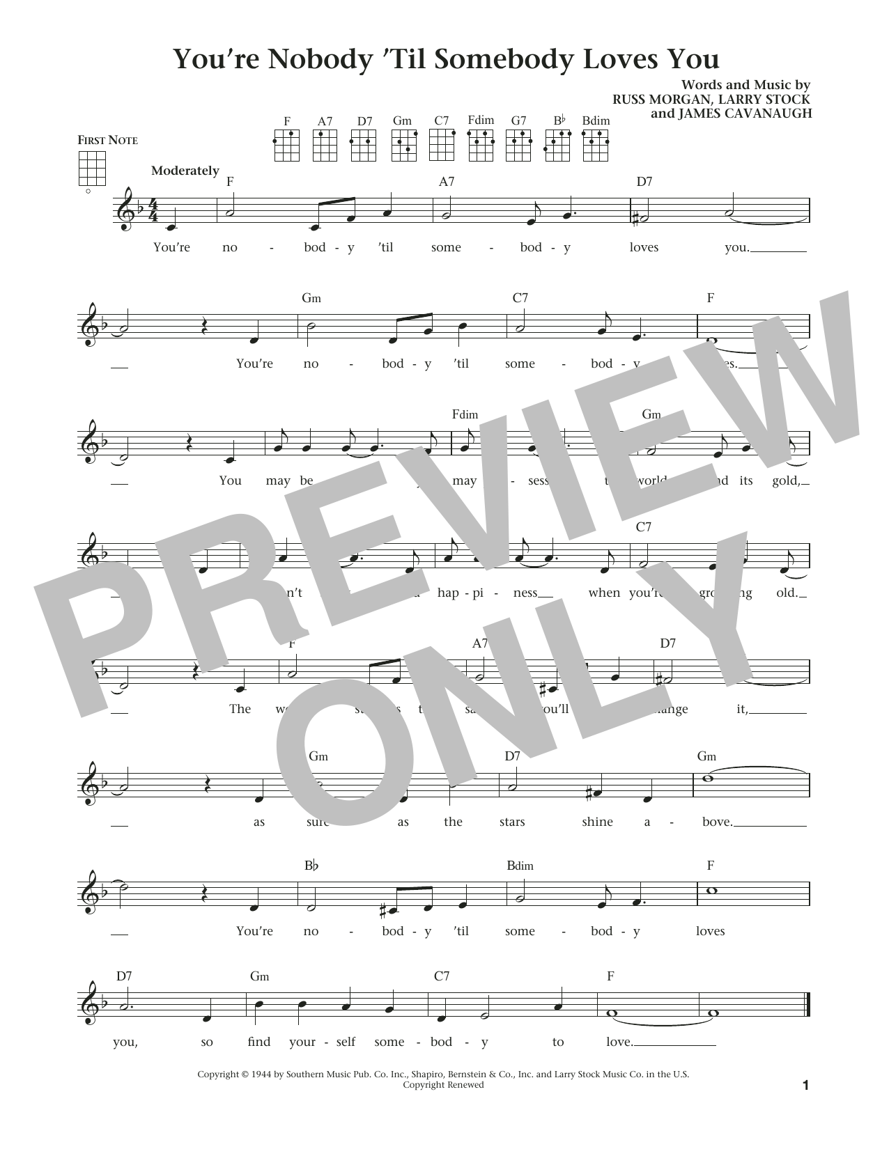 Download James Cavanaugh You're Nobody 'til Somebody Loves You Sheet Music and learn how to play Ukulele PDF digital score in minutes