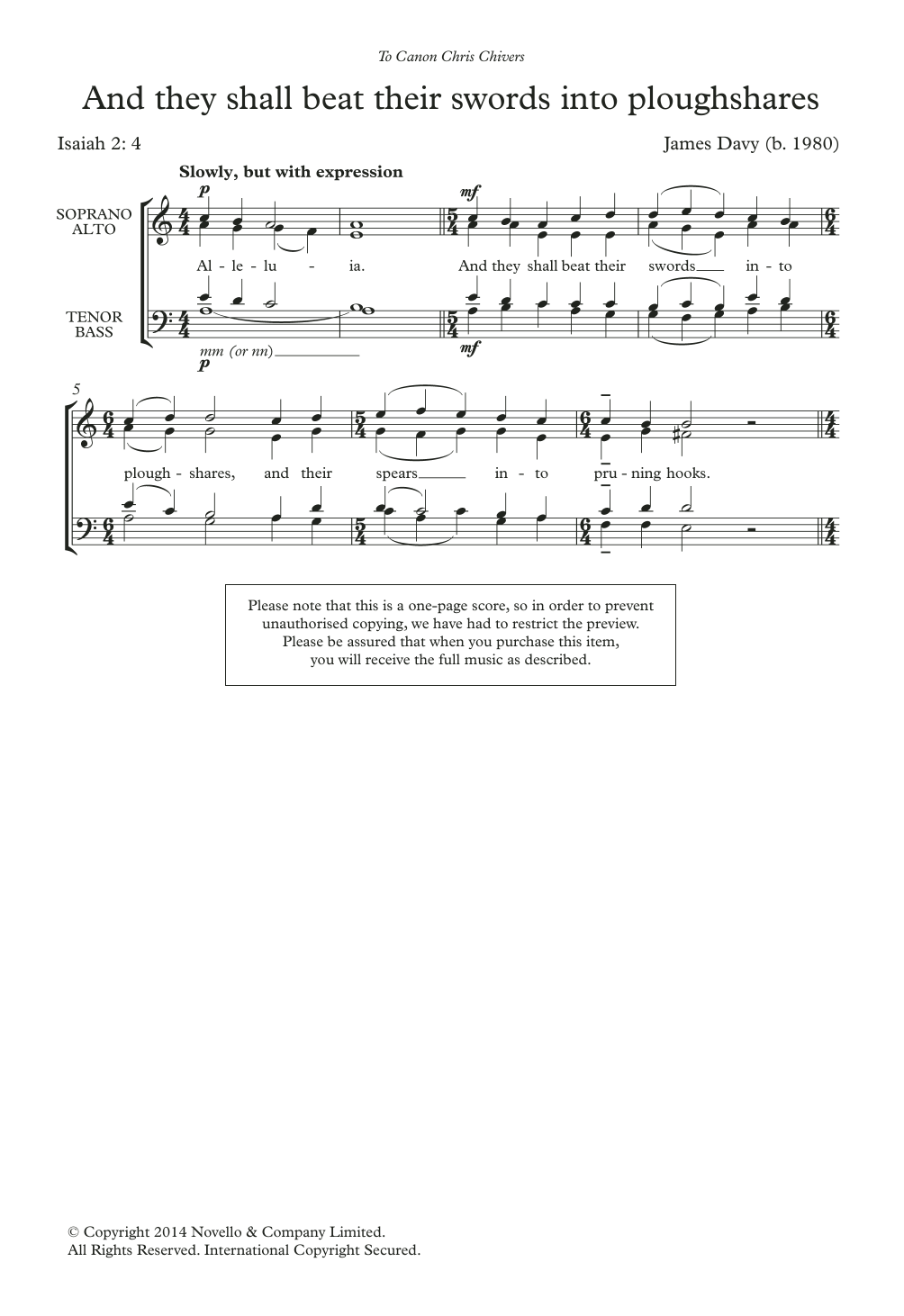 Download James Davy And They Shall Beat Their Swords Into Ploughshares Sheet Music and learn how to play Choir PDF digital score in minutes