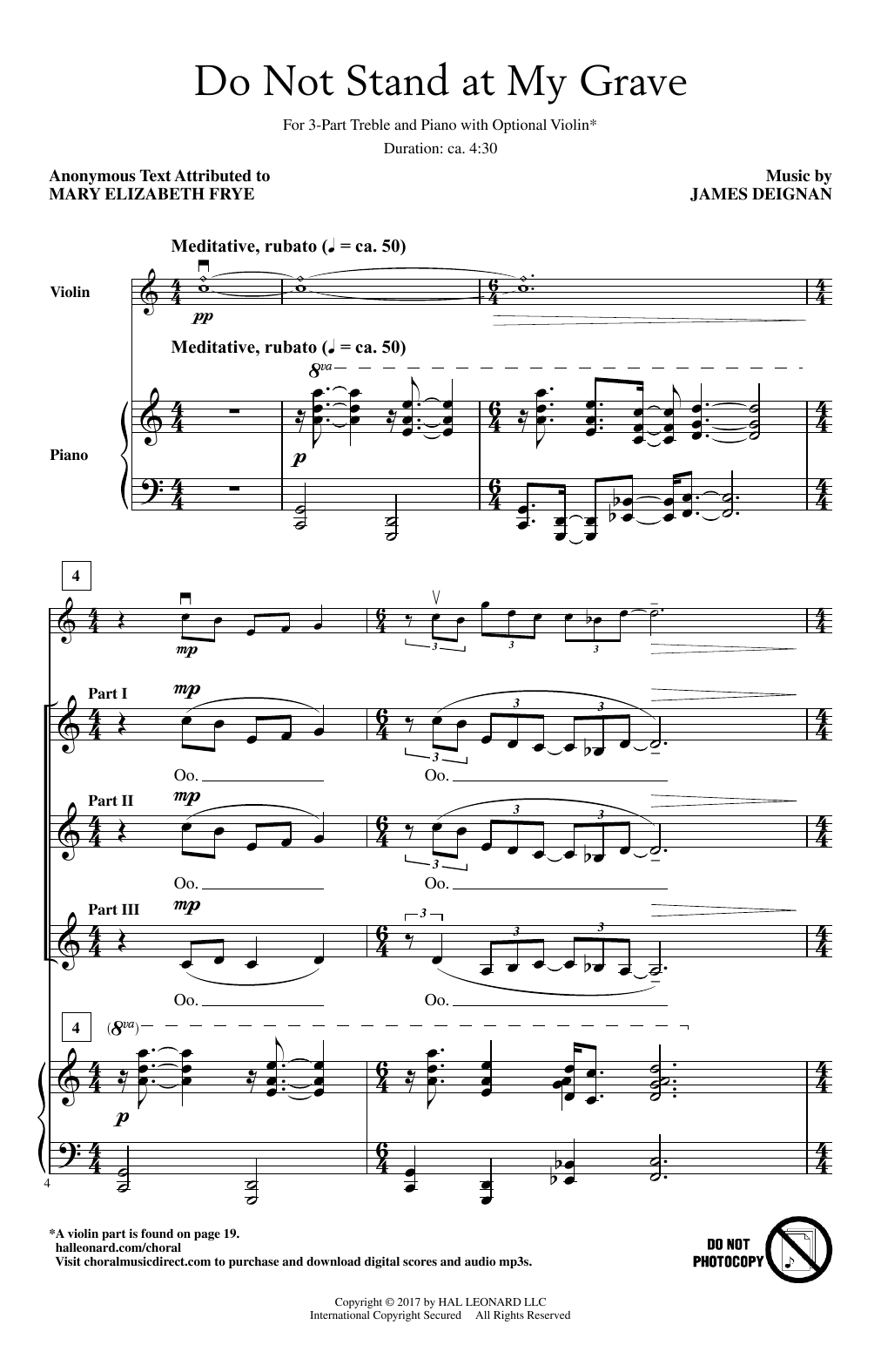 Download James Deignan Do Not Stand At My Grave Sheet Music and learn how to play 3-Part Treble PDF digital score in minutes