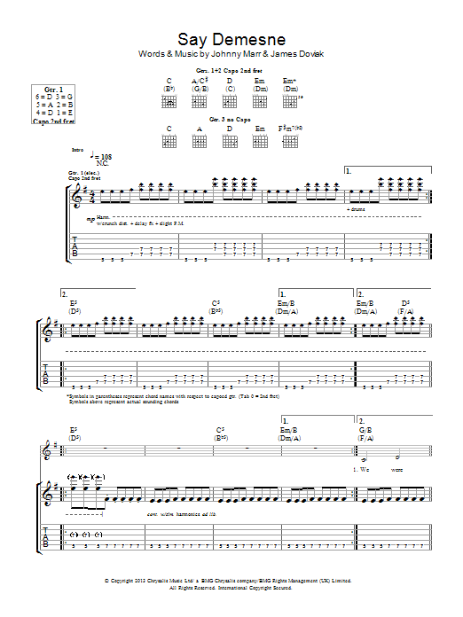 Download Johnny Marr Say Demesne Sheet Music and learn how to play Guitar Tab PDF digital score in minutes