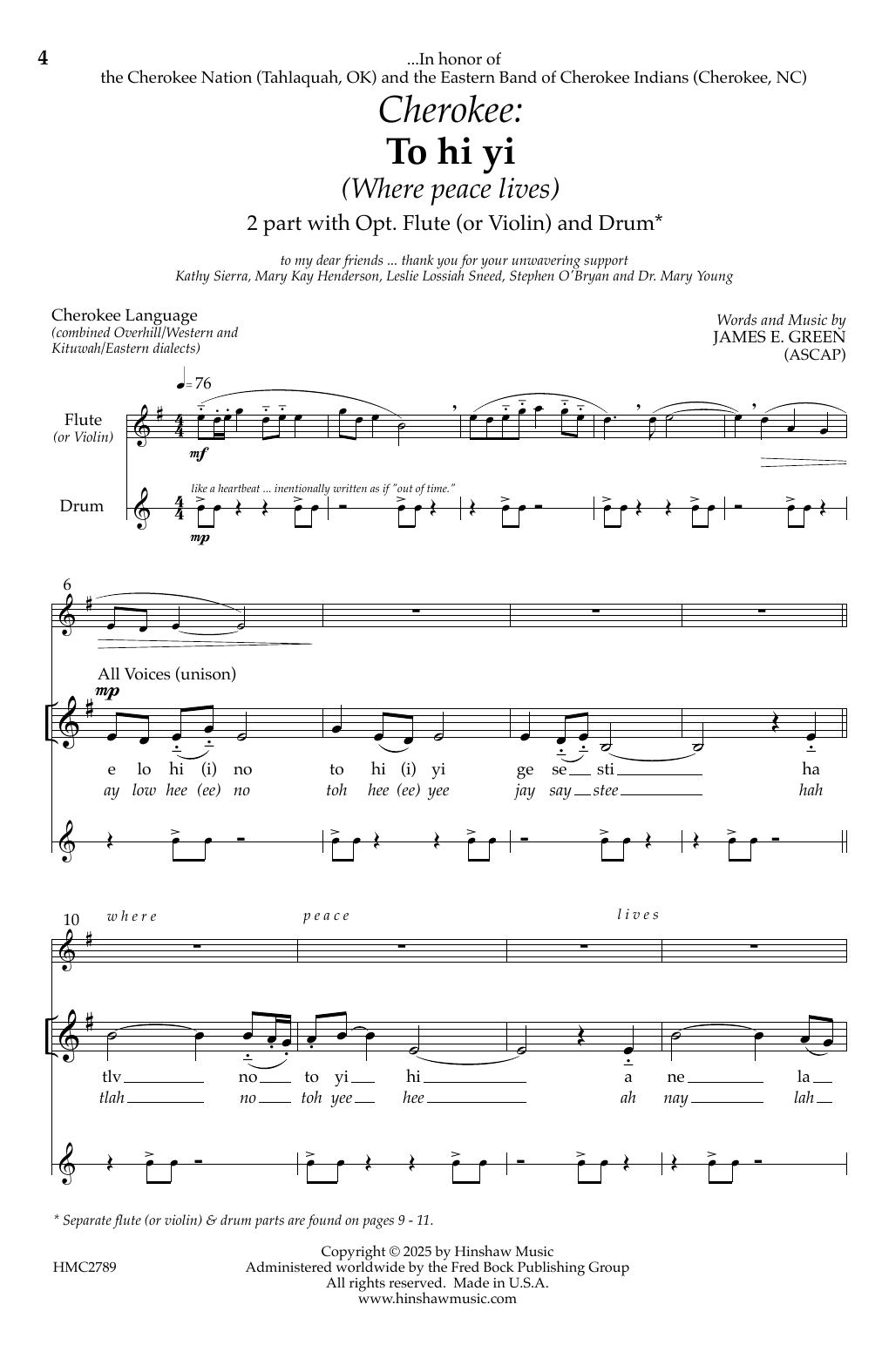 Download James E. Green Cherokee: To hi yi (Where Peace Lives) Sheet Music and learn how to play Choir PDF digital score in minutes