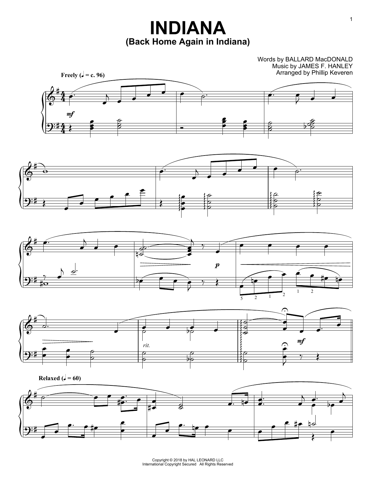 Download James F. Hanley Indiana (Back Home Again In Indiana) [Jazz version] (arr. Phillip Keveren) Sheet Music and learn how to play Piano Solo PDF digital score in minutes