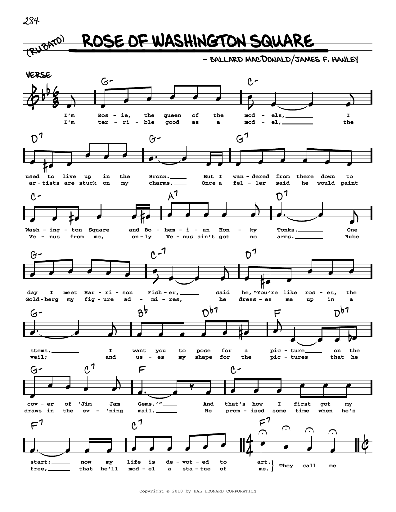 Download James F. Hanley Rose Of Washington Square (arr. Robert Rawlins) Sheet Music and learn how to play Real Book – Melody, Lyrics & Chords PDF digital score in minutes