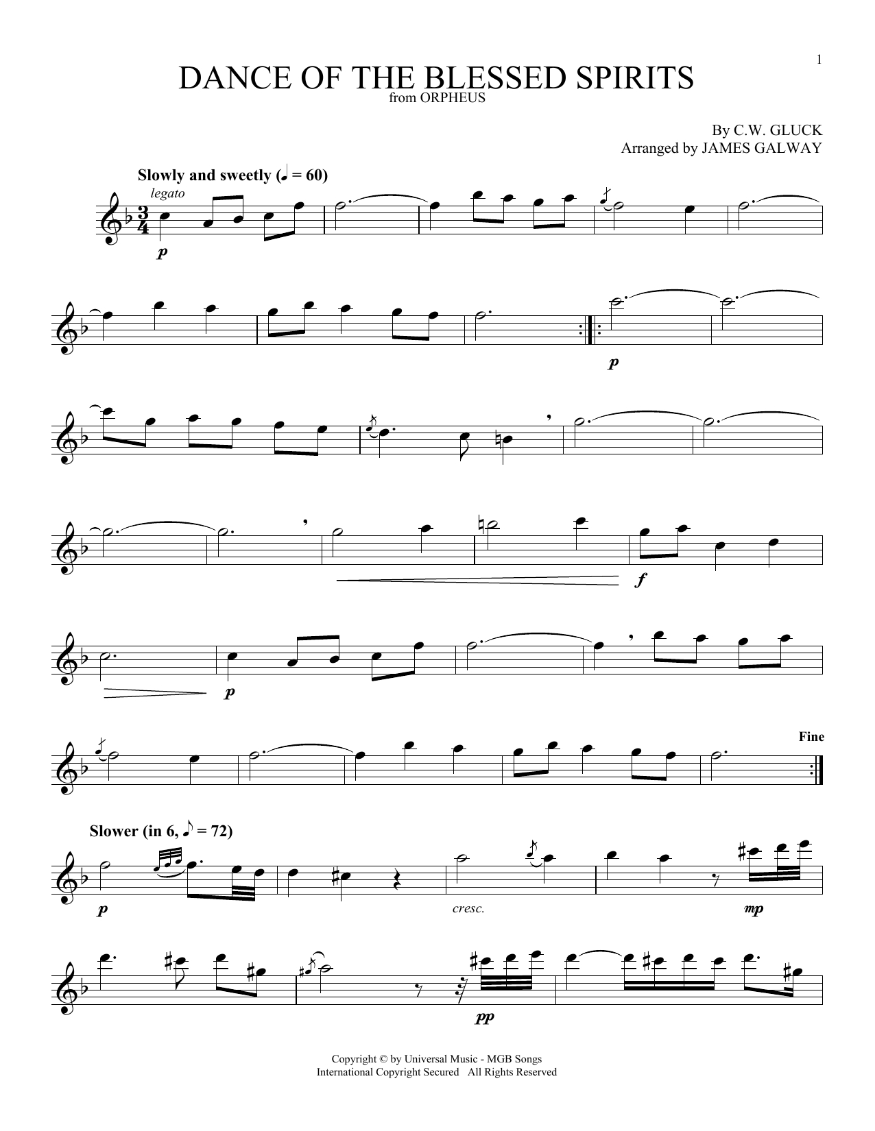 Download James Galway Dance Of The Blessed Spirits Sheet Music and learn how to play Flute Solo PDF digital score in minutes
