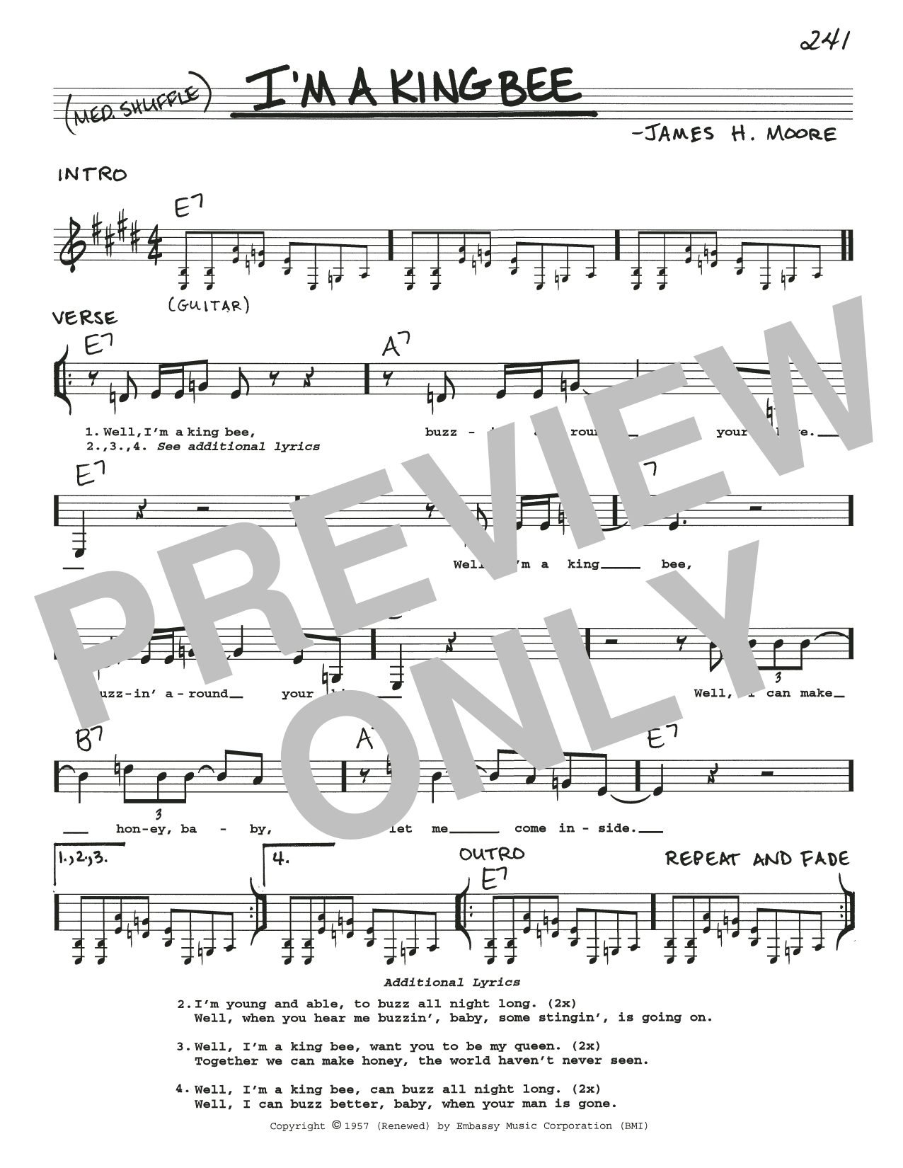 Download James H. Moore I'm A King Bee Sheet Music and learn how to play Real Book – Melody, Lyrics & Chords PDF digital score in minutes