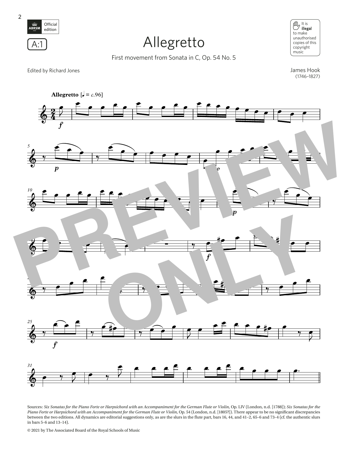 Download James Hook Allegretto (from Sonata in C, Op.54 No.5) (Grade 4 List A1 from the ABRSM Flute Sheet Music and learn how to play Flute Solo PDF digital score in minutes