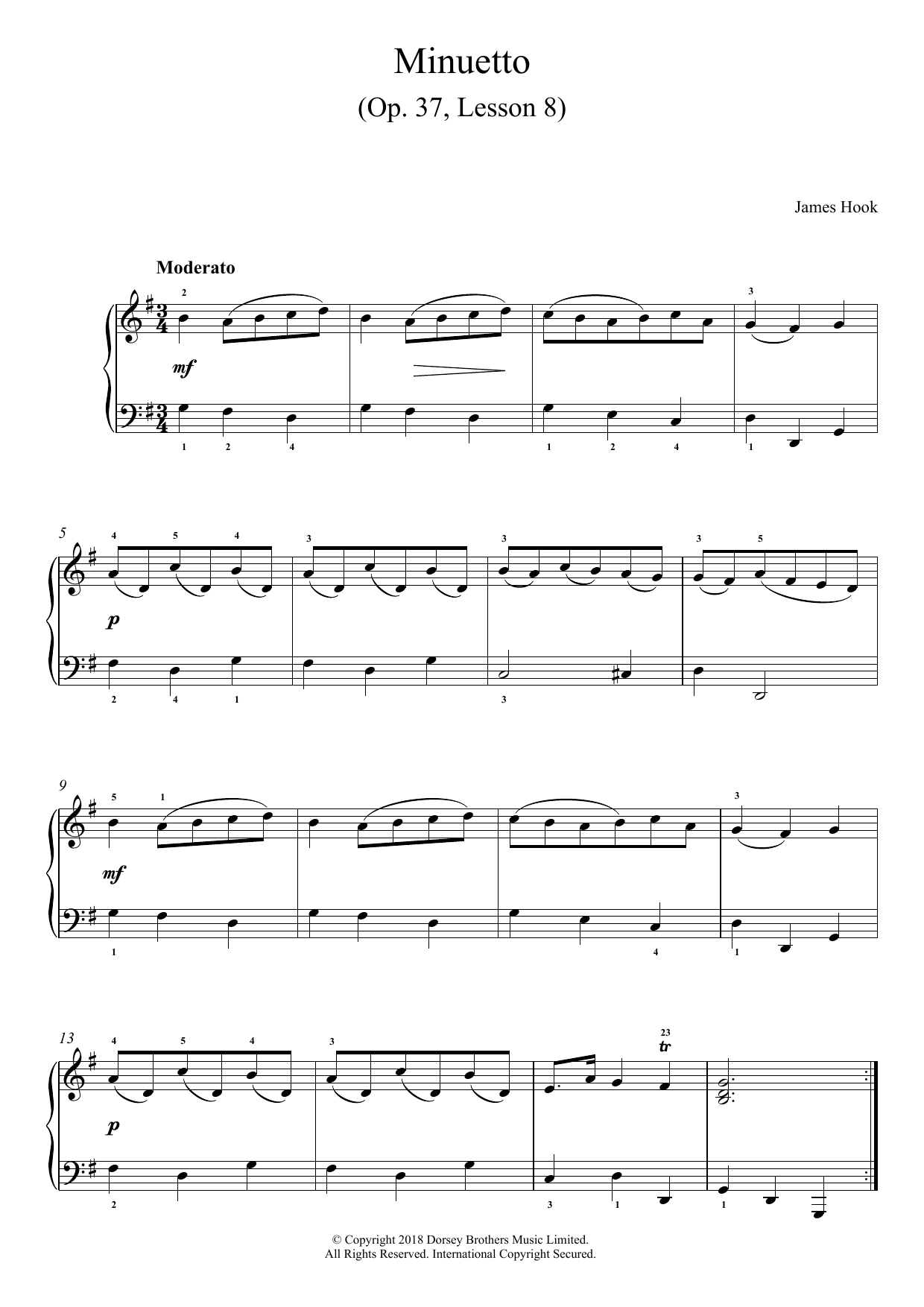 Download James Hook Minuetto Op. 37, Lesson 8 Sheet Music and learn how to play Piano PDF digital score in minutes