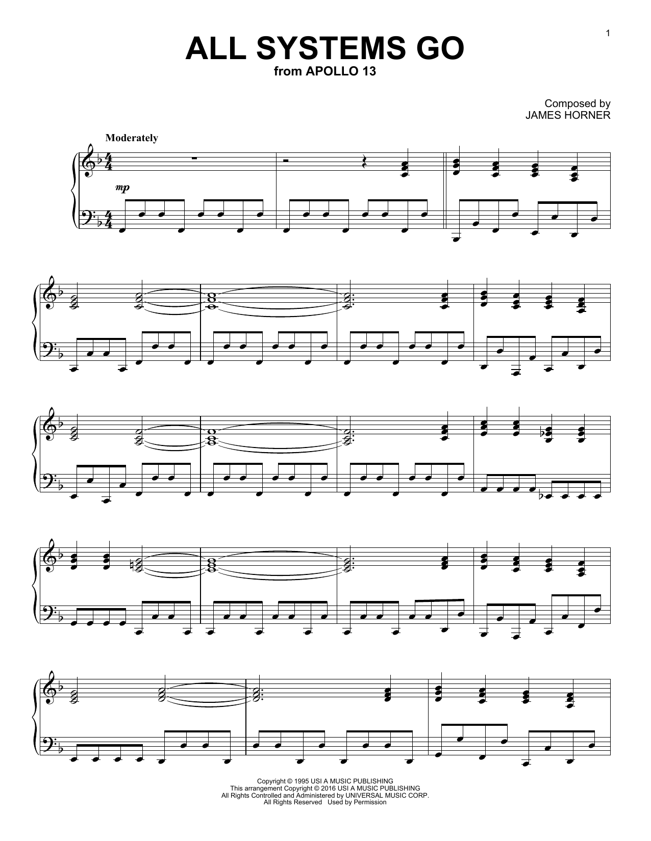 Download James Horner All Systems Go Sheet Music and learn how to play Piano PDF digital score in minutes