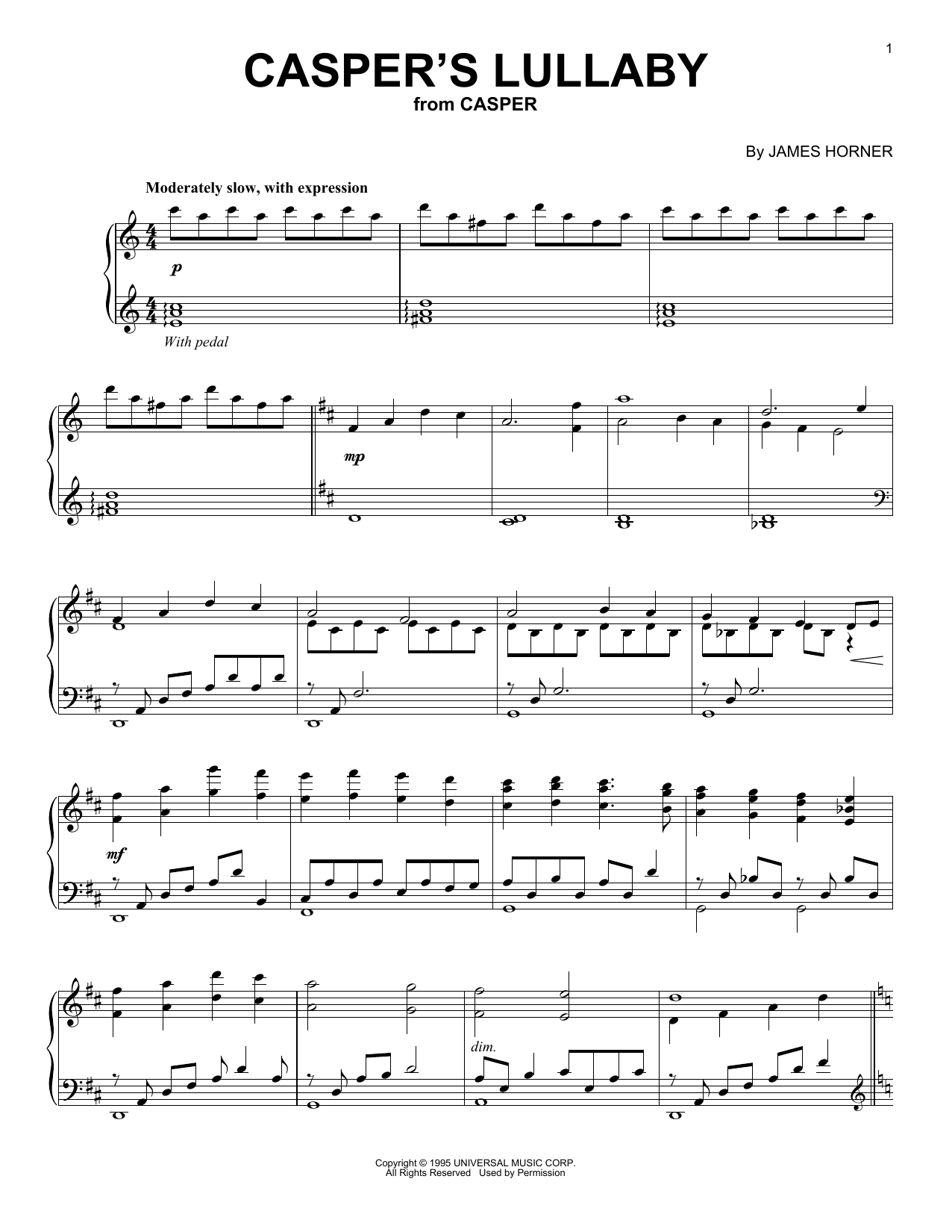 Download James Horner Casper's Lullaby Sheet Music and learn how to play Piano PDF digital score in minutes