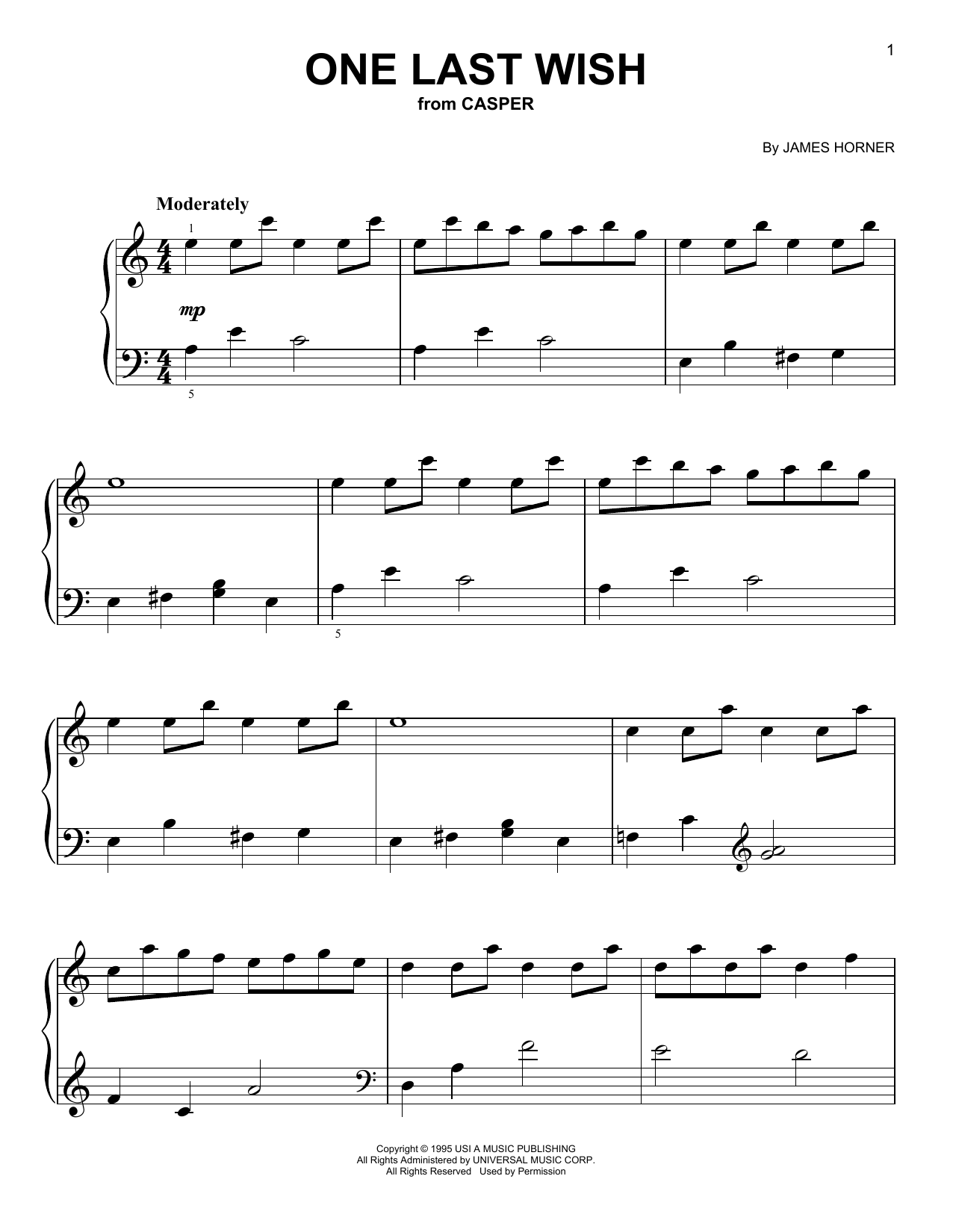 Download James Horner One Last Wish (from Casper) Sheet Music and learn how to play Easy Piano PDF digital score in minutes