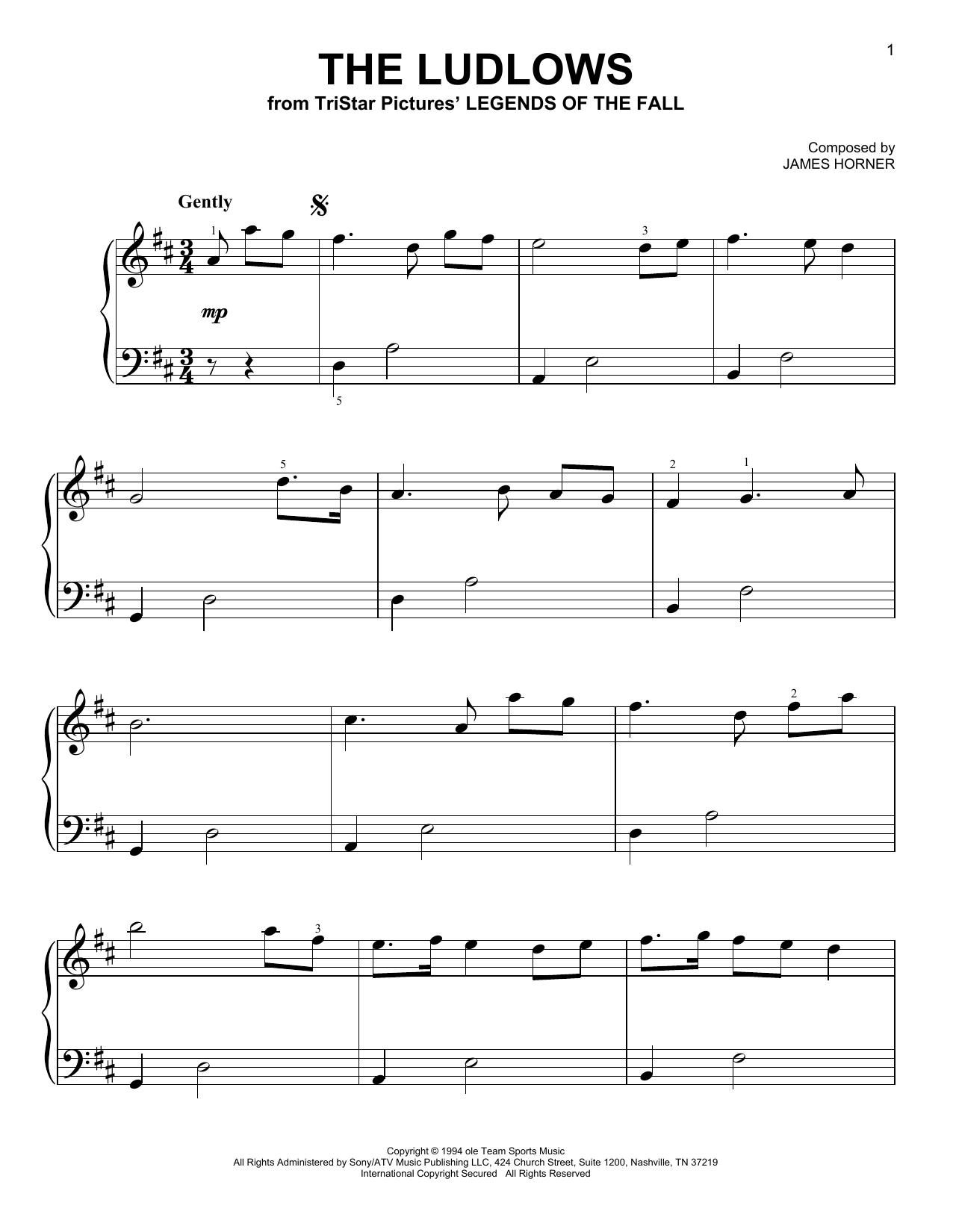 Download James Horner The Ludlows (from Legends of the Fall) Sheet Music and learn how to play Very Easy Piano PDF digital score in minutes