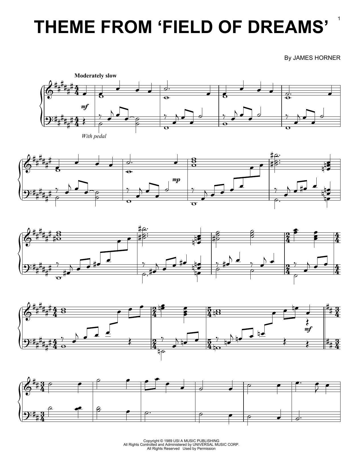 Download James Horner Theme From Field Of Dreams Sheet Music and learn how to play Piano PDF digital score in minutes
