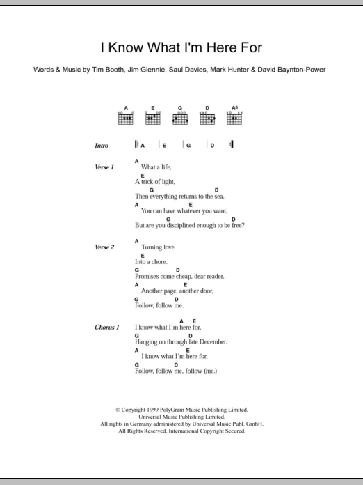 Download James I Know What I'm Here For Sheet Music and learn how to play Lyrics & Chords PDF digital score in minutes