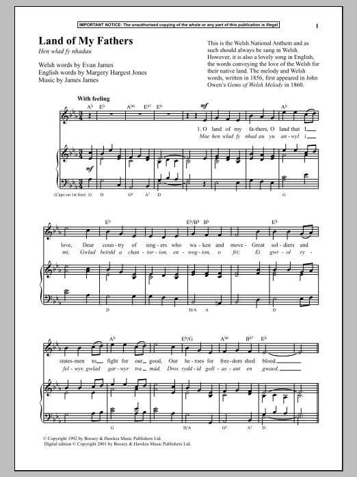 Download James James Land Of My Fathers Sheet Music and learn how to play Piano & Vocal PDF digital score in minutes