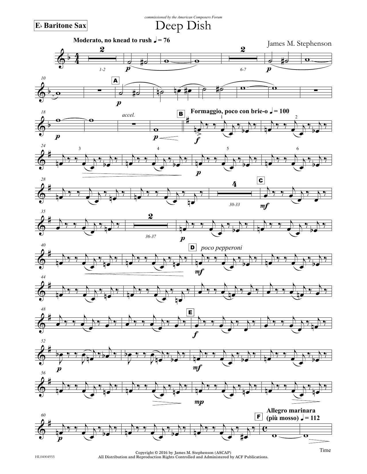 Download James (Jim) M. Stephenson Deep Dish - Eb Baritone Saxophone Sheet Music and learn how to play Concert Band PDF digital score in minutes