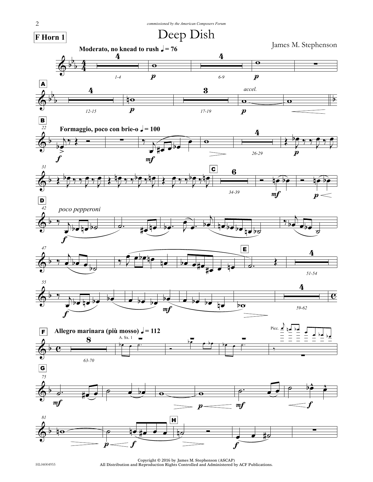 Download James (Jim) M. Stephenson Deep Dish - F Horn 1 Sheet Music and learn how to play Concert Band PDF digital score in minutes