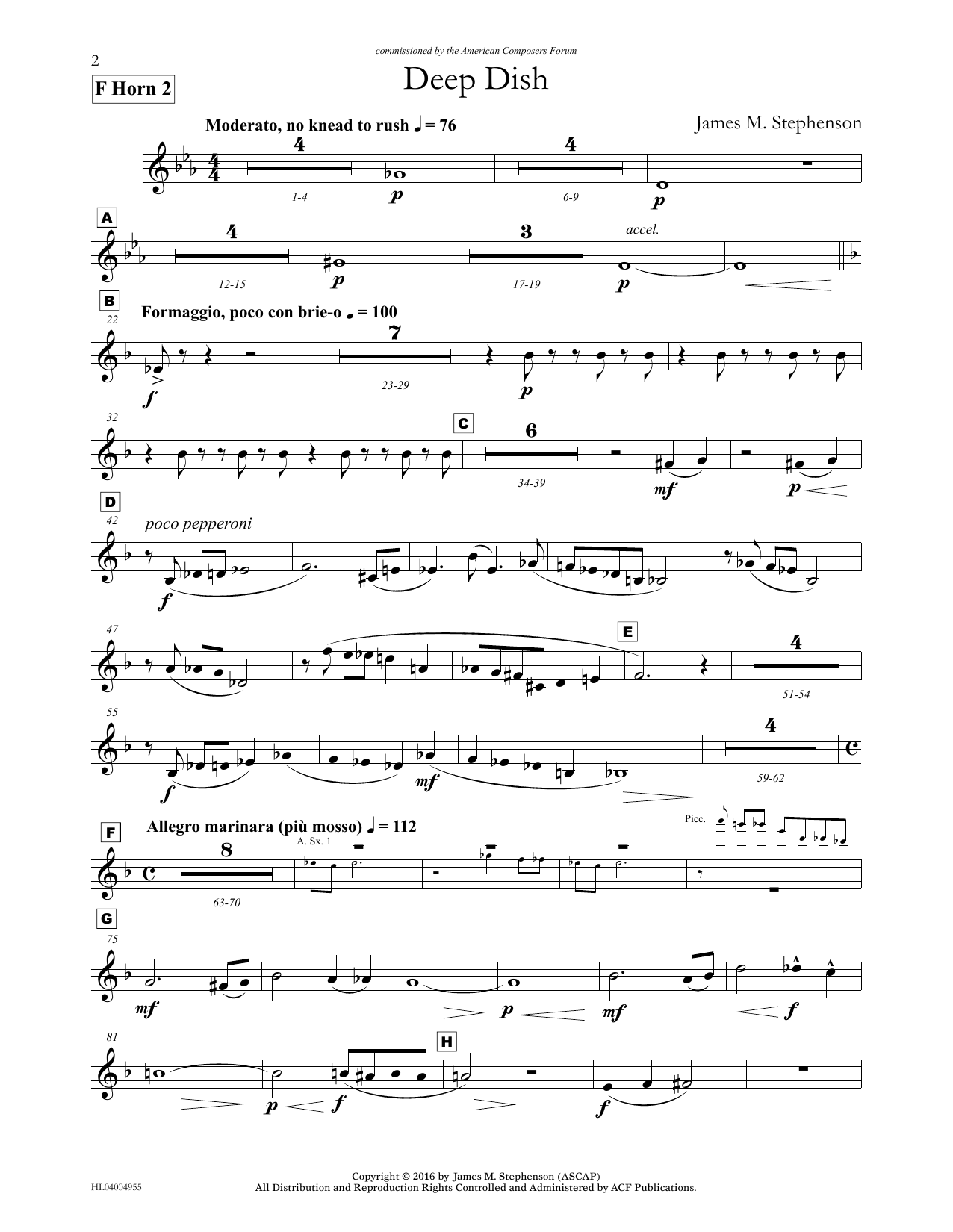 Download James (Jim) M. Stephenson Deep Dish - F Horn 2 Sheet Music and learn how to play Concert Band PDF digital score in minutes