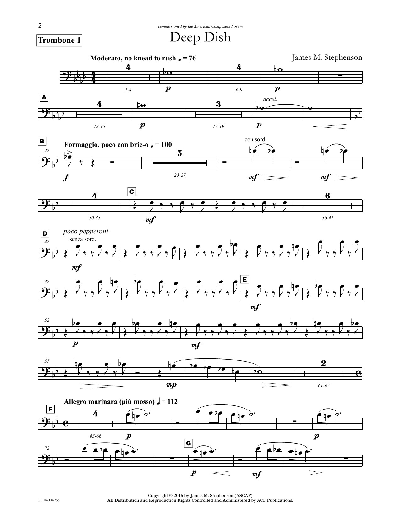 Download James (Jim) M. Stephenson Deep Dish - Trombone 1 Sheet Music and learn how to play Concert Band PDF digital score in minutes