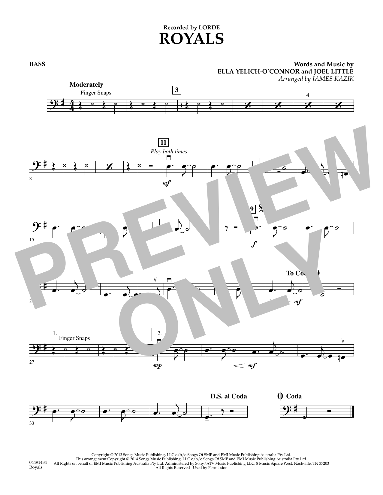 Download James Kazik Royals - Bass Sheet Music and learn how to play Orchestra PDF digital score in minutes