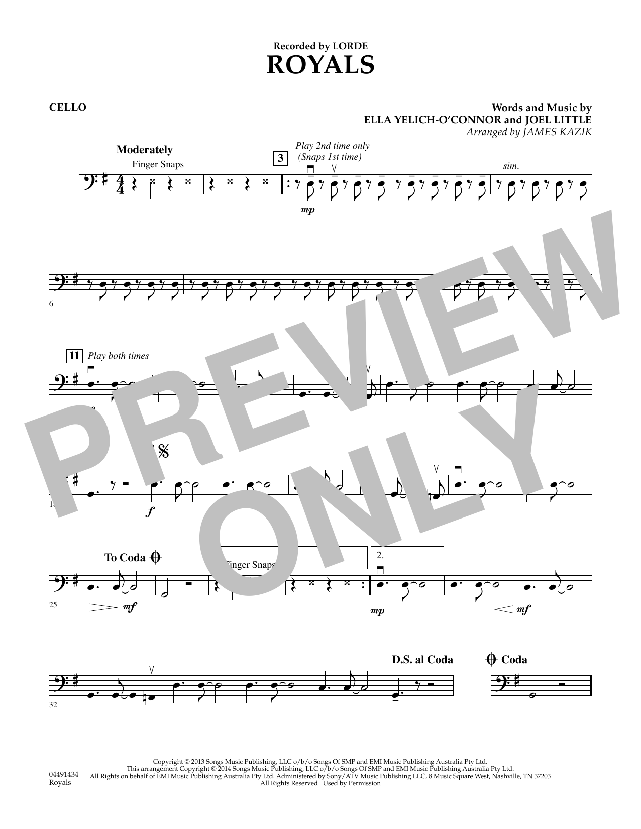 Download James Kazik Royals - Cello Sheet Music and learn how to play Orchestra PDF digital score in minutes